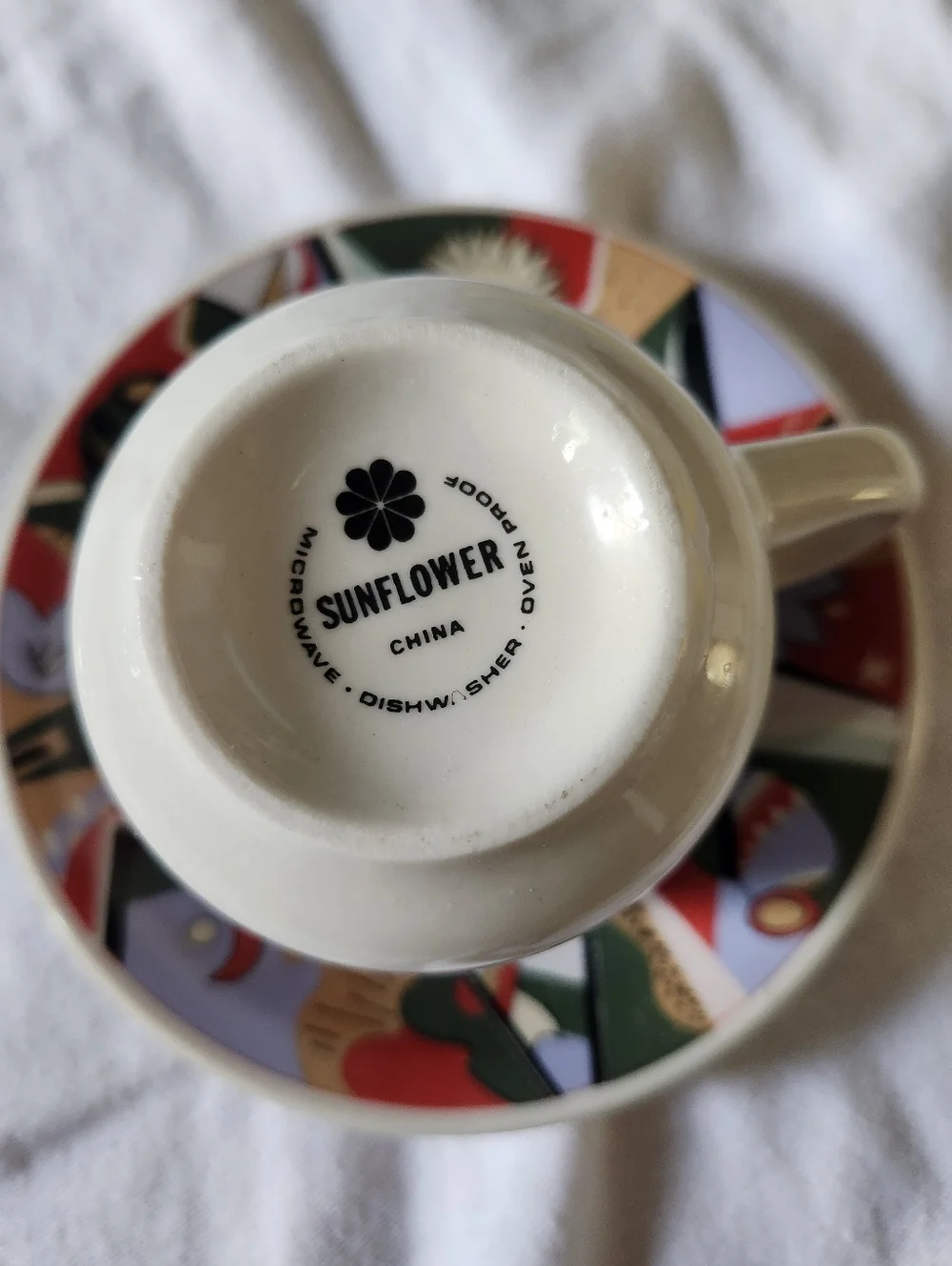 Vintage SUNFLOWER Abstract Espresso Cups Saucer Geometric Sun Print Celestial